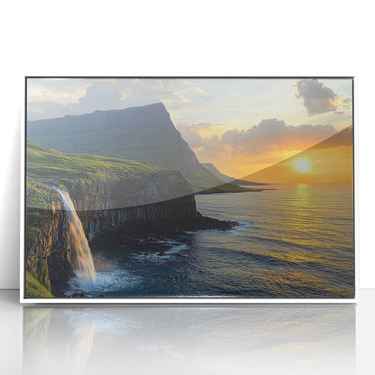 Framed acrylic artwork showcasing a vibrant landscape of cliffs with bold colors, set against a clean white frame, perfect for modern home decor.
