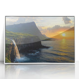 Framed acrylic artwork showcasing a vibrant landscape of cliffs with bold colors, set against a clean white frame, perfect for modern home decor.