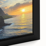 Close-up of a framed canvas depicting dramatic cliffs and vibrant landscapes, showcasing rich colors and intricate details, ideal for enhancing home decor.
