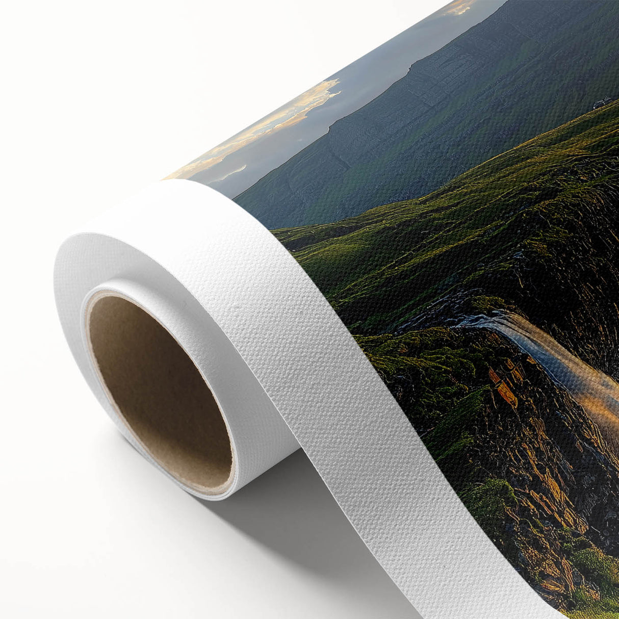 Vibrant rolled canvas artwork depicting a stunning cliff landscape under a clear blue sky, showcasing intricate details and rich colors, ideal for home decor.