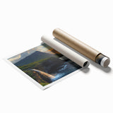 Stunning landscape print featuring dramatic cliffs against a vibrant sunset, rolled and packaged securely in a protective cardboard tube for easy shipping.