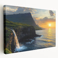 Stretched canvas artwork showcasing a dramatic landscape with towering cliffs and vibrant sunset hues, ideal for enhancing home decor and creating a serene atmosphere.