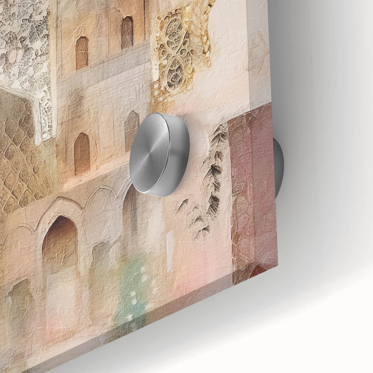 Close-up of abstract architectural wall art design on acrylic glass, featuring bold geometric shapes and vibrant colors, ideal for modern home decor.