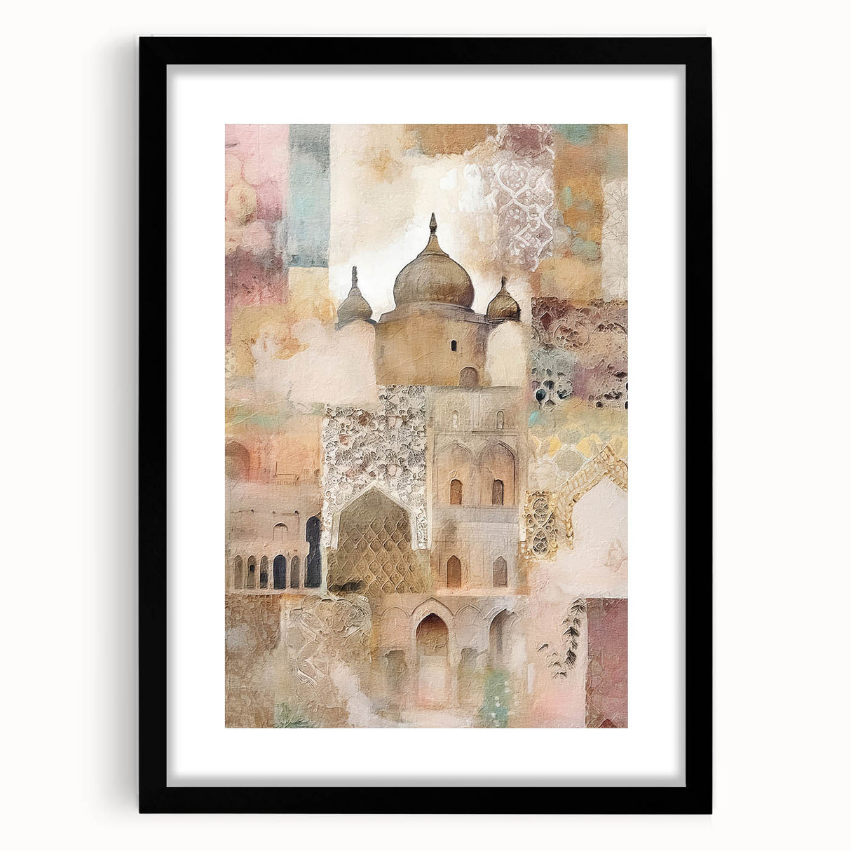 Abstract architecture wall art framed in black with a white mat, showcasing geometric shapes and lines, perfect for modern home decor.