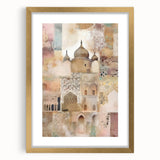 Abstract architectural wall art framed with a gold mat, showcasing geometric designs and soft neutral colors, perfect for modern home decor.