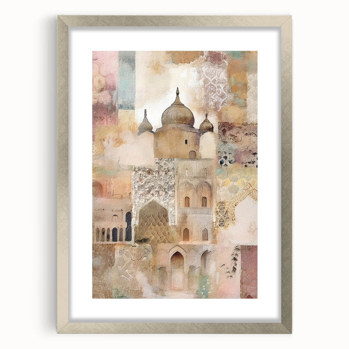 Abstract architecture wall art framed in silver with a mat, showcasing geometric shapes and lines, perfect for modern home decor. Ideal for enhancing contemporary interiors.