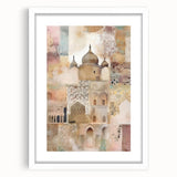 Abstract architecture wall art featuring geometric shapes in soothing earth tones, framed with a white mat, perfect for modern home decor.