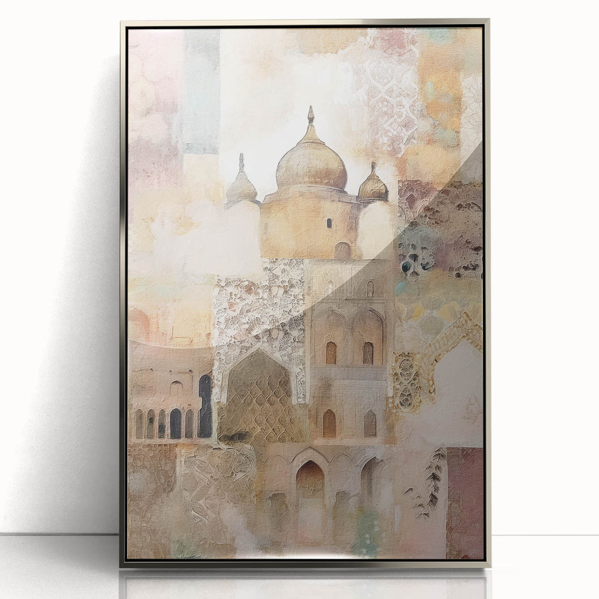 Framed acrylic wall art showcasing a modern abstract architecture design in silver tones, ideal for contemporary home decor. The piece features geometric shapes and a sleek finish, enhancing any living space with a touch of elegance.
