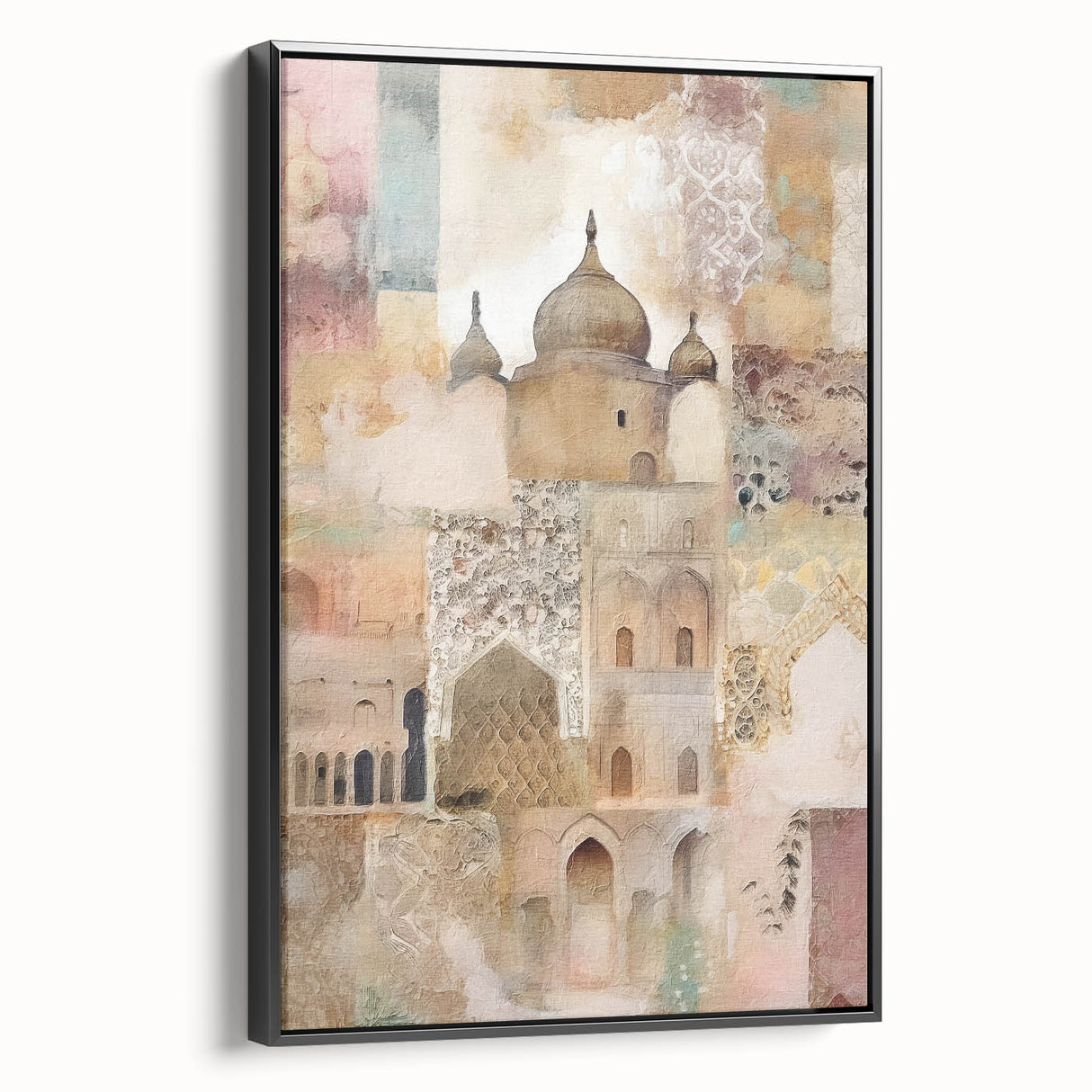 Framed abstract architecture wall art in black, showcasing geometric shapes and lines, perfect for modern interior decor. Side view highlights the sleek frame design.