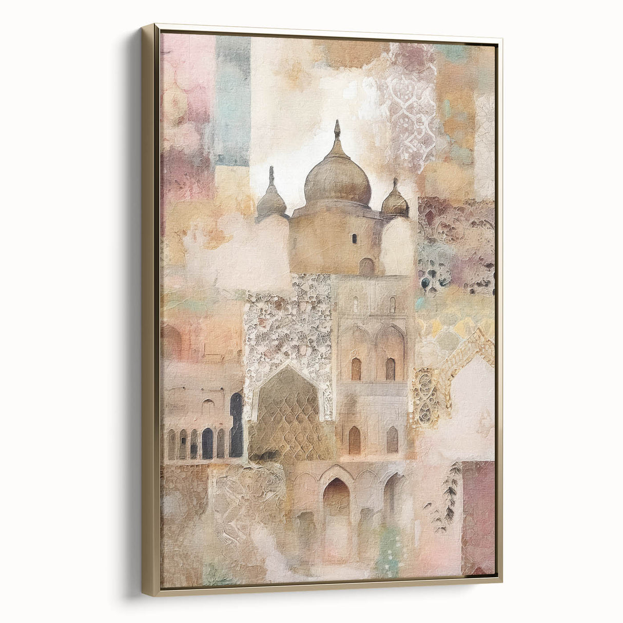 Framed abstract architecture wall art showcasing geometric shapes in gold and white tones, designed to enhance modern home decor. Ideal for contemporary interiors.
