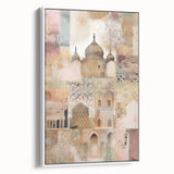 Framed abstract architecture wall art in a sleek white frame, showcasing geometric shapes and muted tones, perfect for modern home decor.