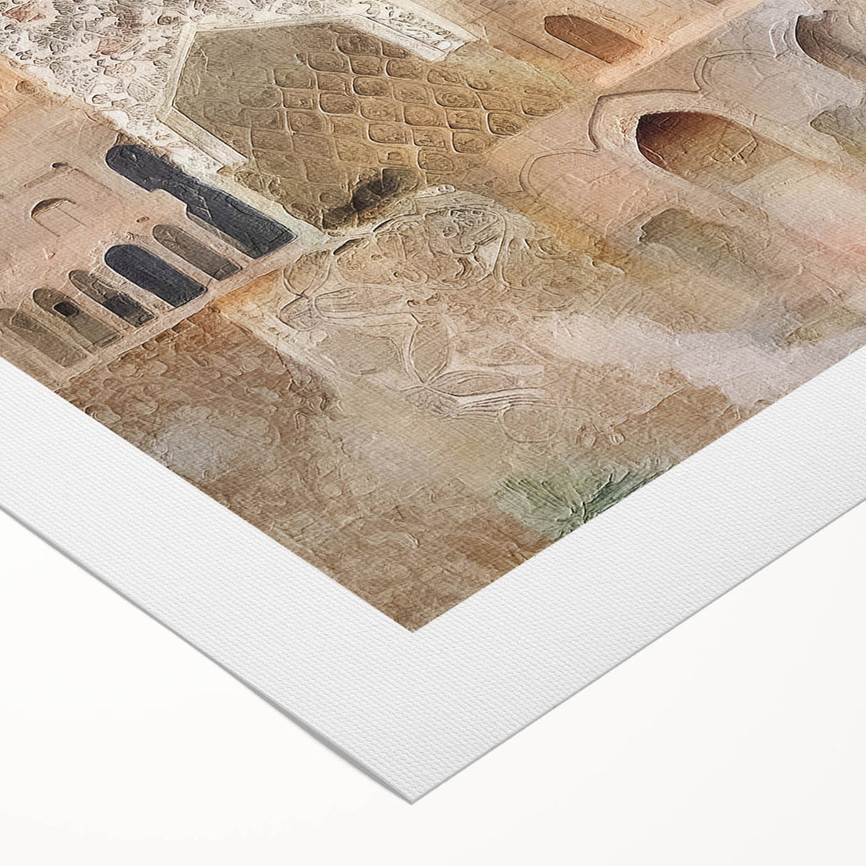 Abstract architectural wall art on rolled canvas, showcasing intricate geometric designs in shades of blue and gold, perfect for modern home decor. Packaged securely for delivery.