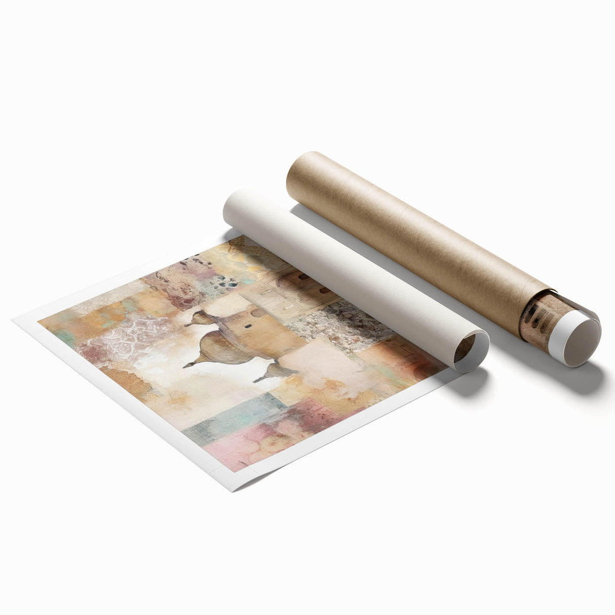 Abstract architectural wall art print showcasing geometric shapes and vibrant colors, rolled and ready for display, ideal for modern home decor.