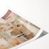 Abstract architecture wall art print showcasing geometric shapes in vibrant blue, orange, and black colors, rolled and ready for display in modern interiors.