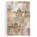 Abstract architecture wall art on stretched canvas showcasing intricate geometric patterns in vibrant shades of blue and gold, perfect for modern home decor.