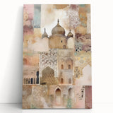 Abstract architecture wall art on stretched canvas, showcasing geometric shapes in vibrant colors, designed to enhance modern interiors with a contemporary aesthetic.