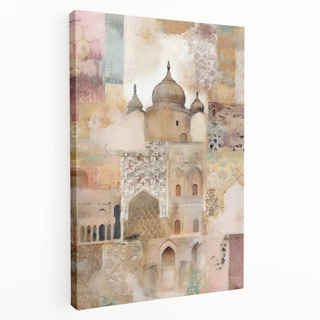 Abstract architecture wall art design on stretched canvas, showcasing geometric shapes and vibrant colors, perfect for modern home decor. Side view highlights the canvas depth and quality.