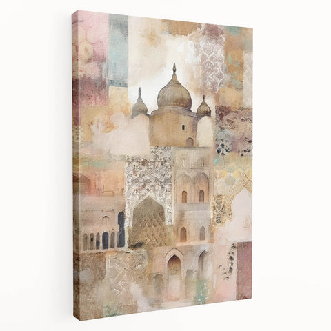 Abstract architecture wall art design on stretched canvas, showcasing geometric shapes and vibrant colors, perfect for modern home decor. Side view highlights the canvas depth and quality.