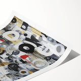 Abstract geometric rolled print showcasing vibrant colors and intricate shapes, elegantly packaged in a protective cardboard tube for easy transport and display. Ideal for modern decor enthusiasts seeking unique wall art.