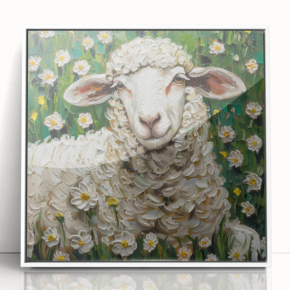 Framed acrylic artwork showcasing a vibrant depiction of various animals on a white background, perfect for modern home decor or gallery settings.