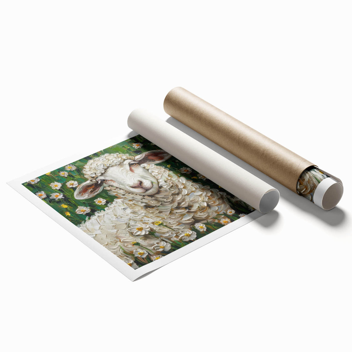 Colorful rolled canvas print showcasing intricate animal designs, ideal for home decor. Packaged securely in a cardboard tube for easy transport and storage.