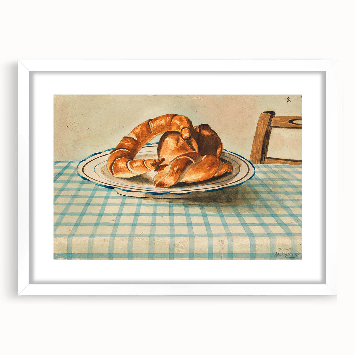 Vintage Art Deco Wall Art – Croissant Still Life on Checkered Table