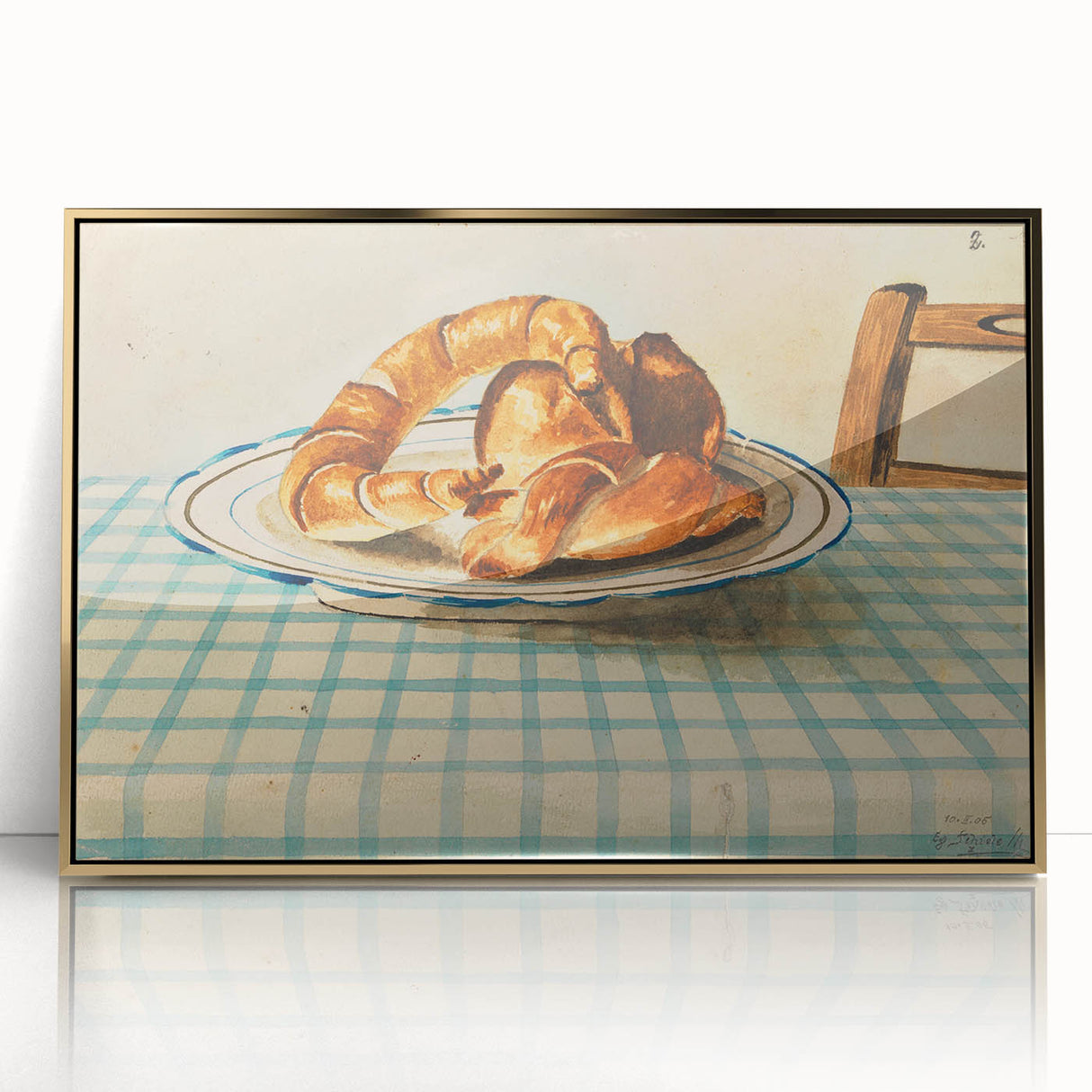 Vintage Art Deco Wall Art – Croissant Still Life on Checkered Table