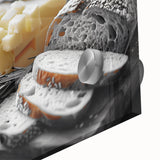 Large abstract wall art featuring assorted food dishes in vibrant colors on acrylic glass, suitable for dining room decor.