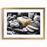 Extra large abstract art print featuring textured designs of various food dishes in gold frame, suited for living room decor.