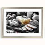 Textured art print of abstract food dishes in muted earth tones, displayed in a silver frame with mat, ideal for bedroom art.