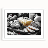 Abstract art print featuring assorted food dishes in muted earth tones on a white framed canvas.