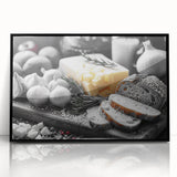 Large abstract wall art featuring assorted food dishes in muted earth tones on framed acrylic, ideal for dining room decor.