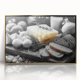 Mid-century modernist acrylic print of various food dishes in vivid colors, framed in gold, ideal for modern kitchen decor.