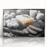 Mid-century modernist art featuring an array of colorful food dishes on silver-framed acrylic.