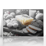 Acrylic framed poster of various stylized food dishes in art deco style, with a white border, ideal for modern kitchen decor.