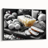 Framed canvas featuring a black and white vintage poster of various food dishes, ideal for bedroom wall art.