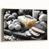 Framed canvas wall art featuring vintage poster-style depiction of various food dishes in black, ideal for bedroom decor.
