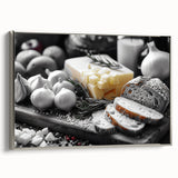 Framed canvas featuring a vintage poster of colorful food dishes, ideal for kitchen wall decor.