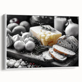 Vintage poster art of colorful food dishes on a black background, framed canvas, ideal for living room decor.