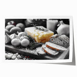 Extra large rolled print featuring an array of illustrated food dishes in muted earth tones, ideal for dining room decor.