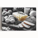 Large black and white canvas featuring an array of illustrated food dishes, ideal for kitchen wall art.