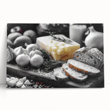Large black and white stretched canvas featuring a variety of food dishes, ideal for kitchen wall art.