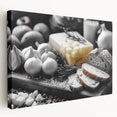 Large canvas featuring an array of colorful food dishes, ideal for kitchen wall art.