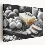 Large canvas featuring an array of colorful food dishes, ideal for kitchen wall art.