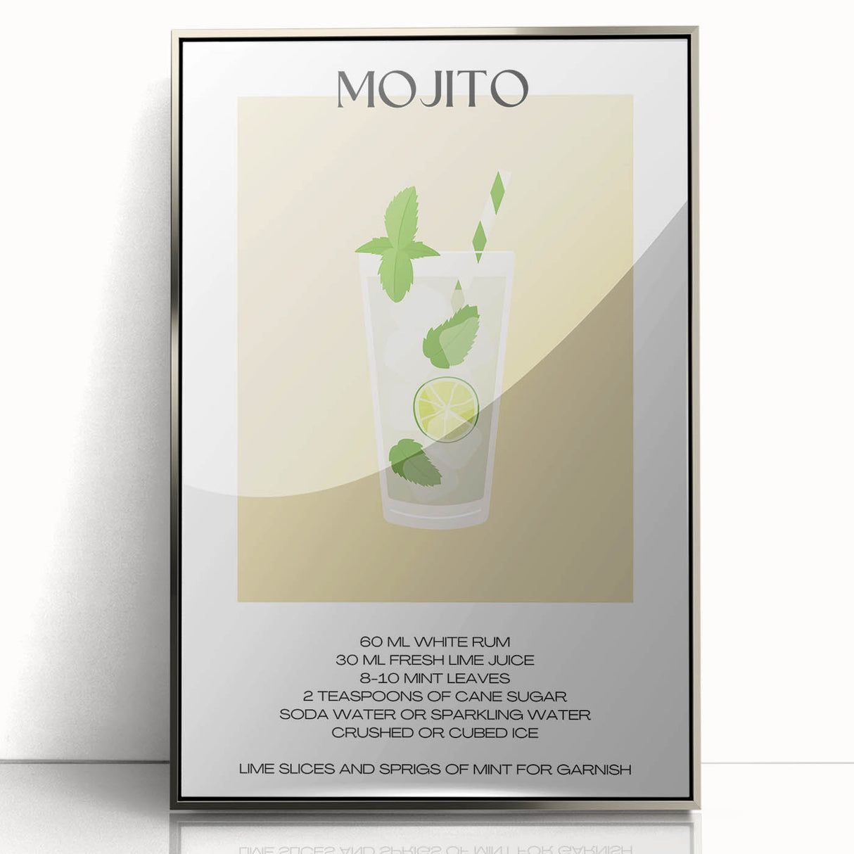 Large art print of mid-century modernist food and drinks theme, framed in silver acrylic, ideal for modern kitchen decor.
