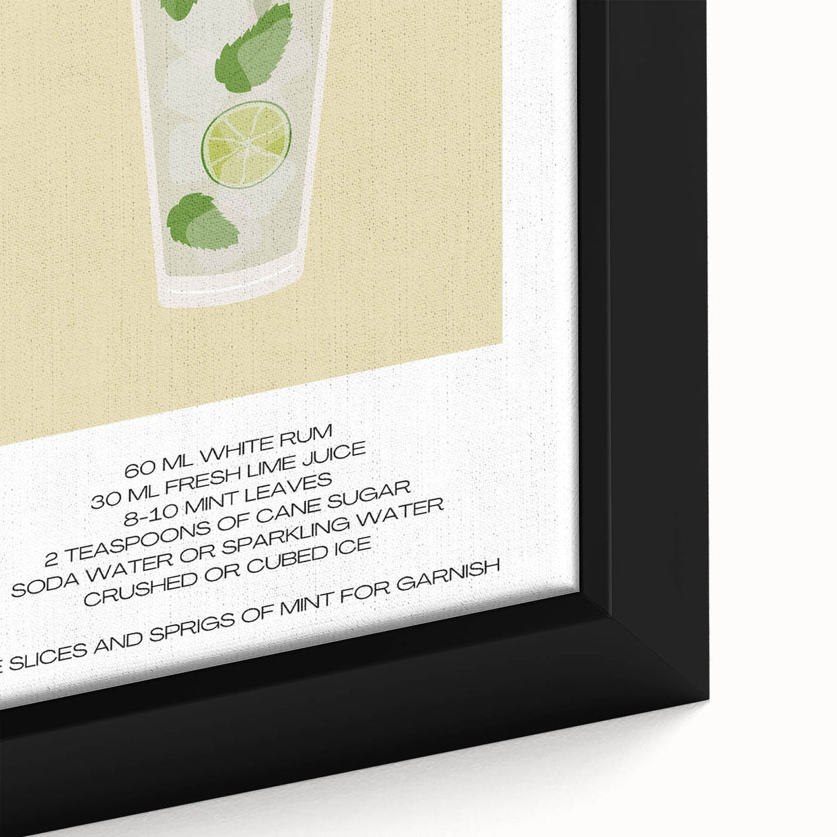 Close-up of black wall art featuring colorful, textured food and drink motifs on a framed canvas.