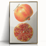 Framed acrylic print of assorted fruits in a mid-century modernist style, featuring vibrant colors.