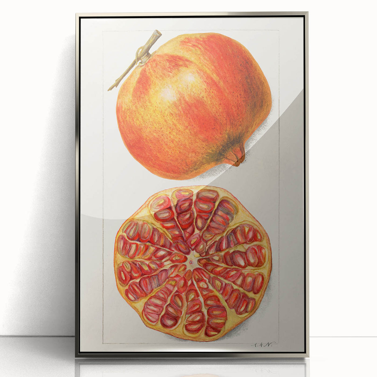 Mid-century modernist art featuring an array of fruits in vibrant colors on a silver-framed acrylic.