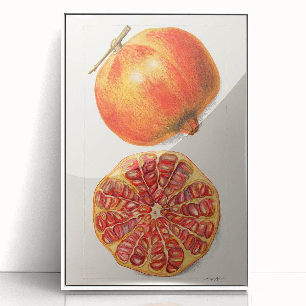 Acrylic print of colorful fruits in art deco style, framed in white, ideal for modern kitchen decor.
