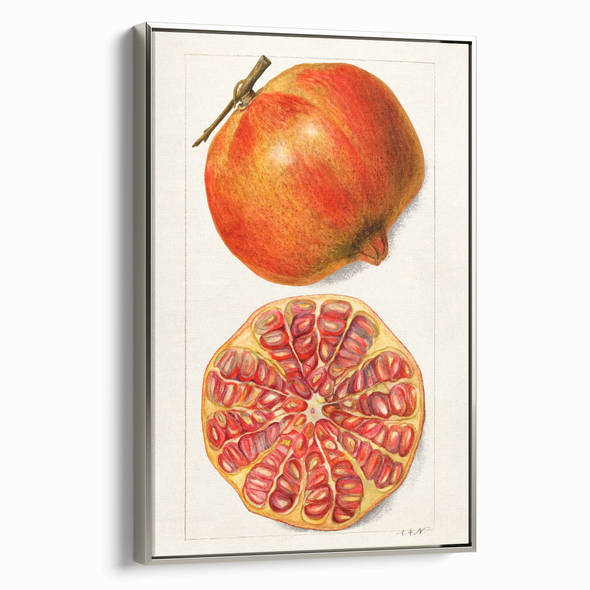 Landscape art painting of colorful fruits on a black background, framed in silver, ideal for kitchen decor.